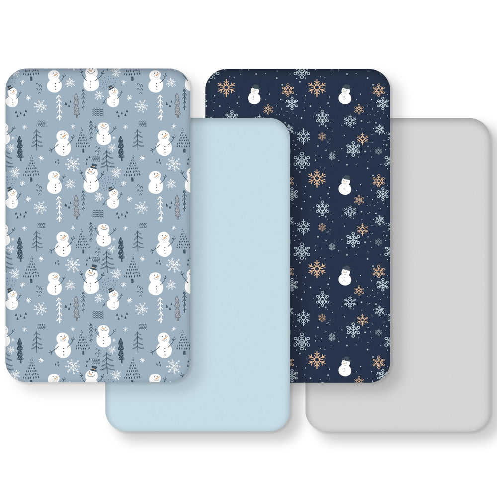FIEMOL baby crib sheets with blue snowman pattern for cozy nursery sleep