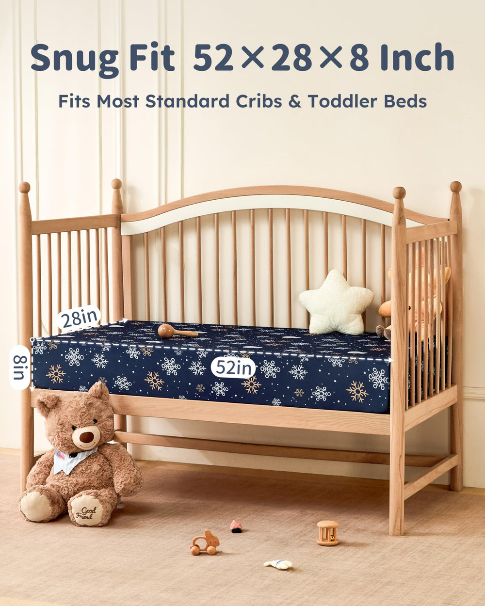 FIEMOL fitted crib sheets with full-around elastic edges for secure fit