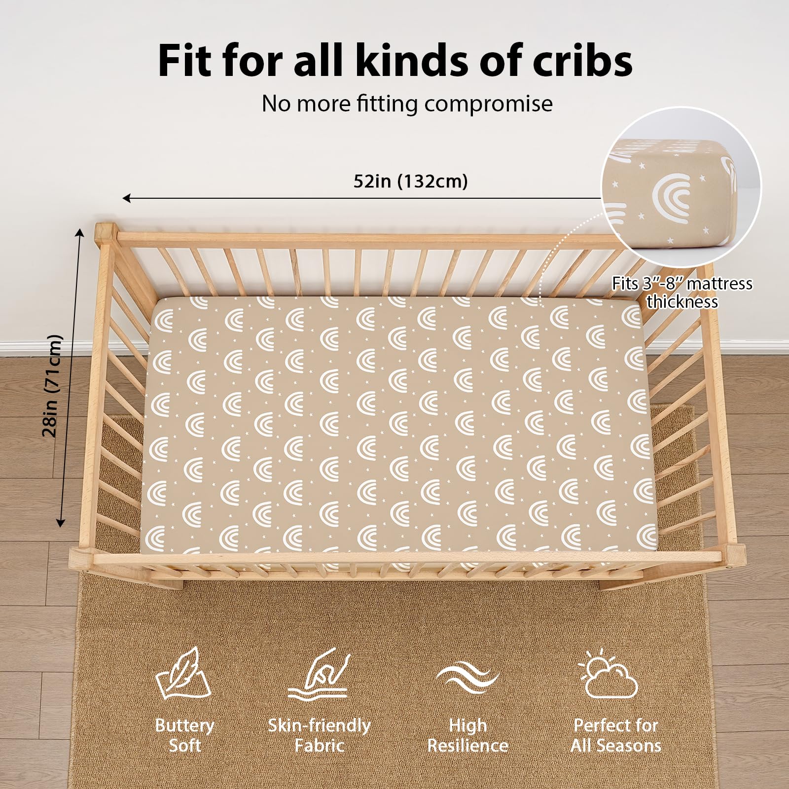 FIEMOL 3-pack crib sheets with double-stitched durability for everyday use