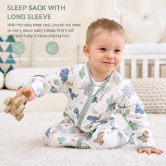 FIEMOL green dinosaur sleep sack with foldable mittens for safe play warmth.