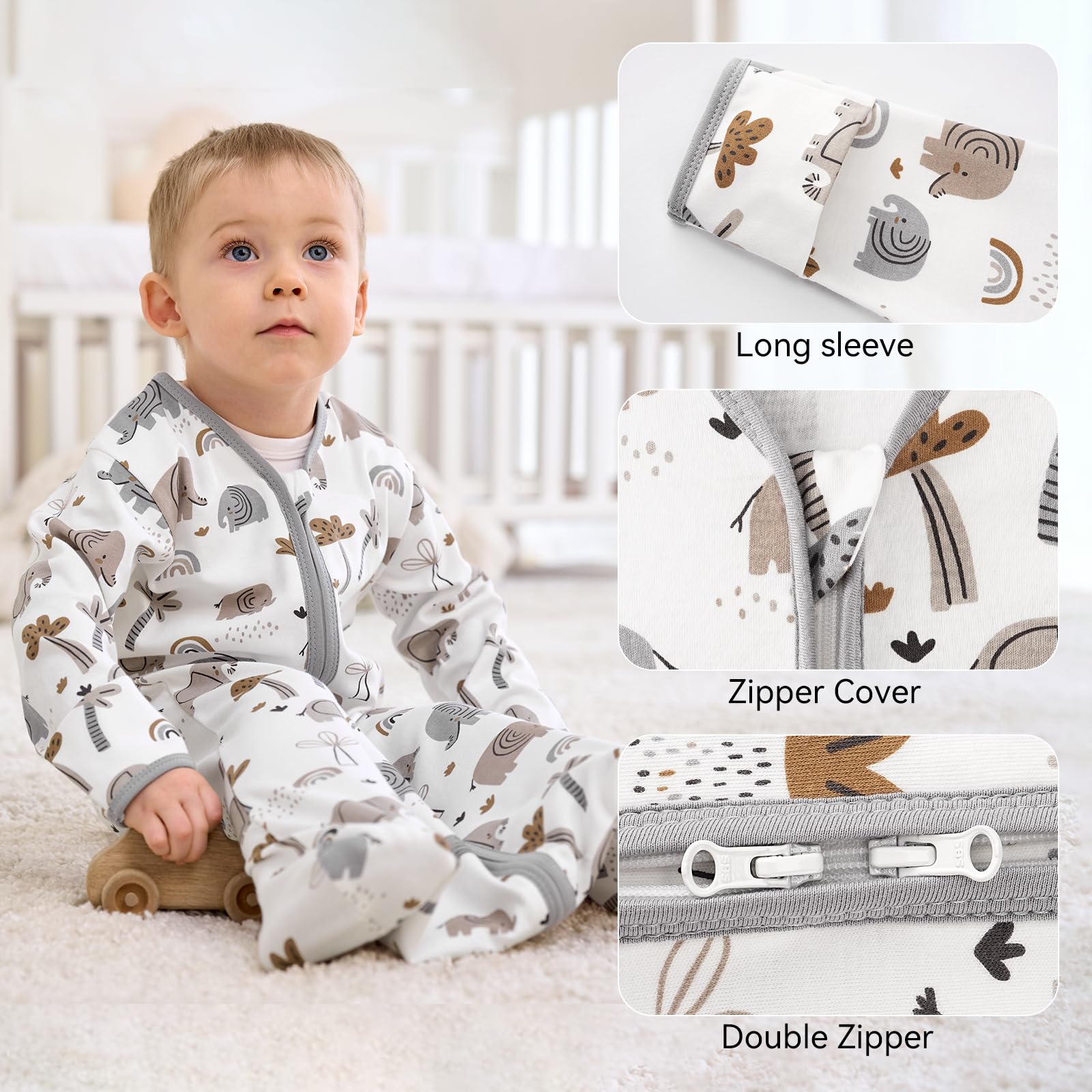 FIEMOL sleep sack with foldable mitten cuffs for flexible warmth during play.
