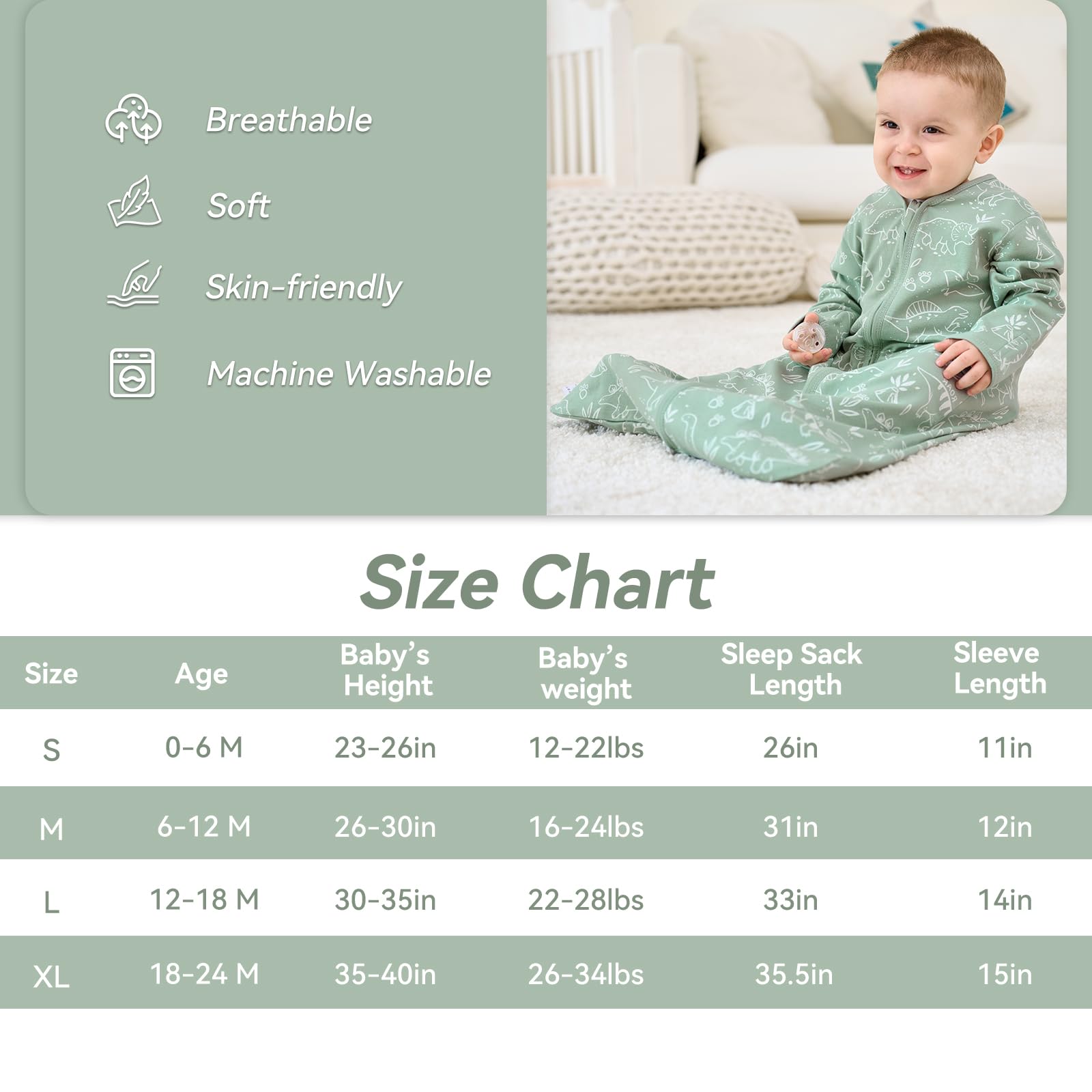 FIEMOL size chart showing four growth-friendly sleep sack sizes
