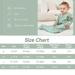 FIEMOL size chart showing four growth-friendly sleep sack sizes