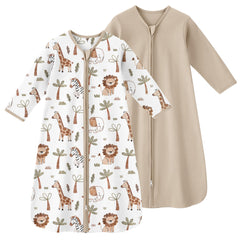 FIEMOL baby sleep sack with mittens, khaki animal design, cozy long sleeves for warmth.