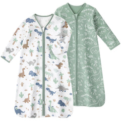 FIEMOL baby sleep sack long sleeve in green dinosaur seen from the front for cozy nights