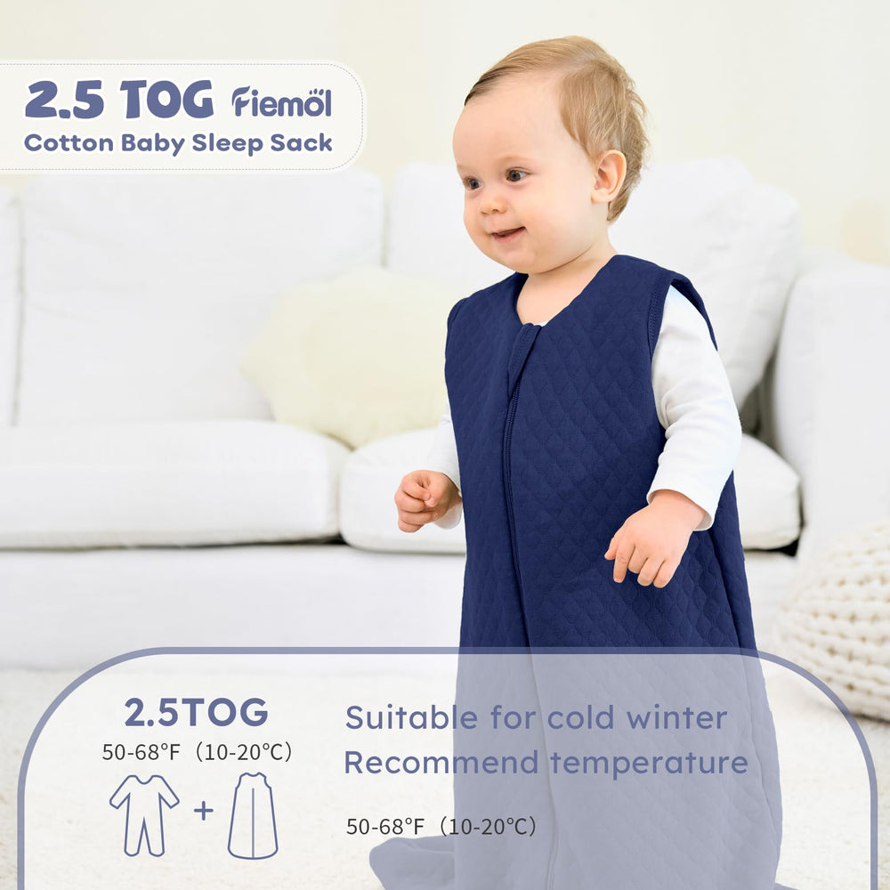 FIEMOL baby sleep sack quilted blue shows durable stitching for lasting warmth.
