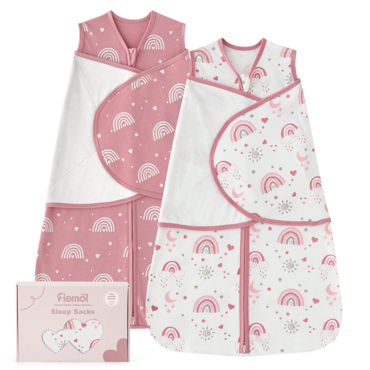 FIEMOL baby swaddle sleep sack in pink rainbow with wings for comfy nighttime swaddle