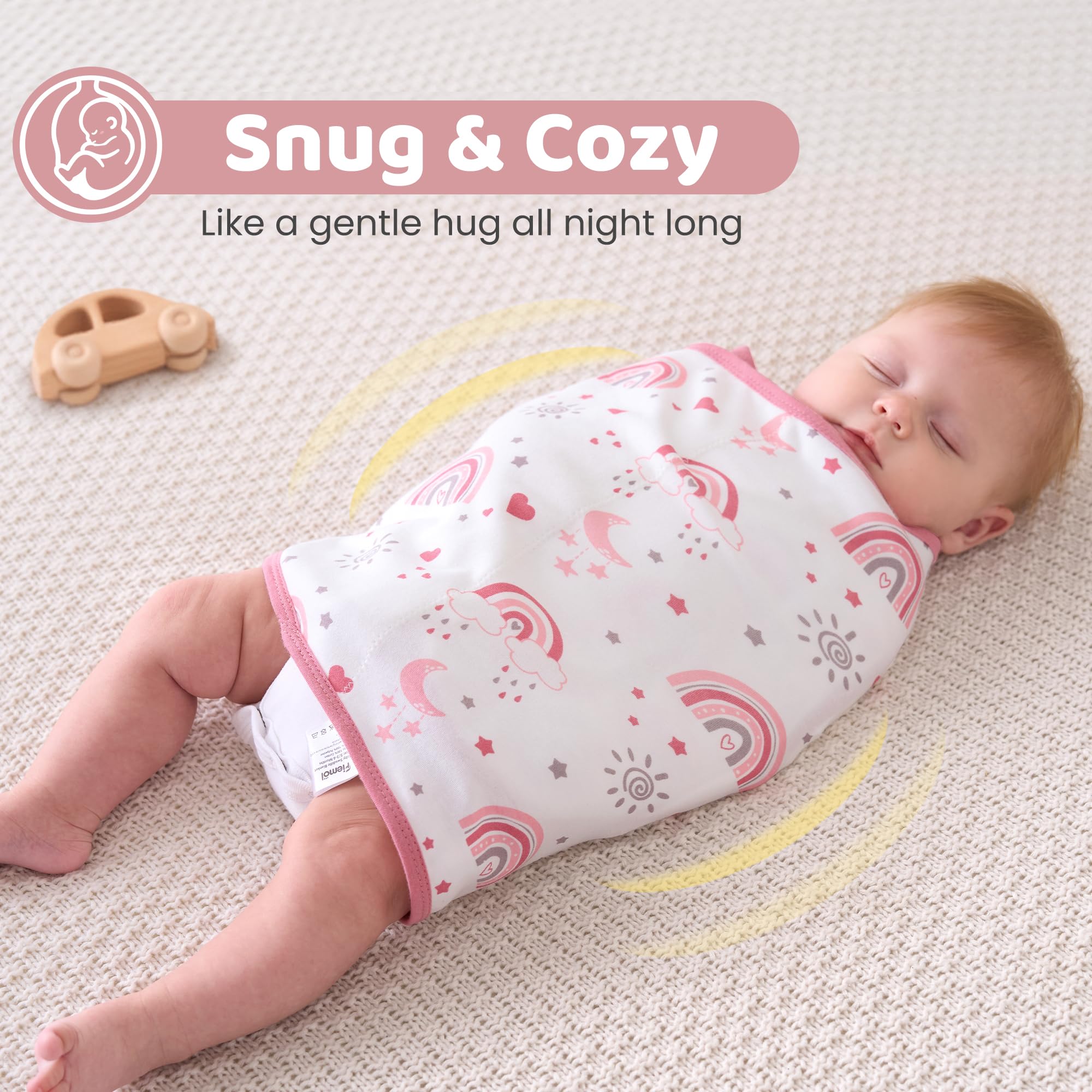 FIEMOL swaddle mode showing snug wrap guiding gentle sleep for newborns