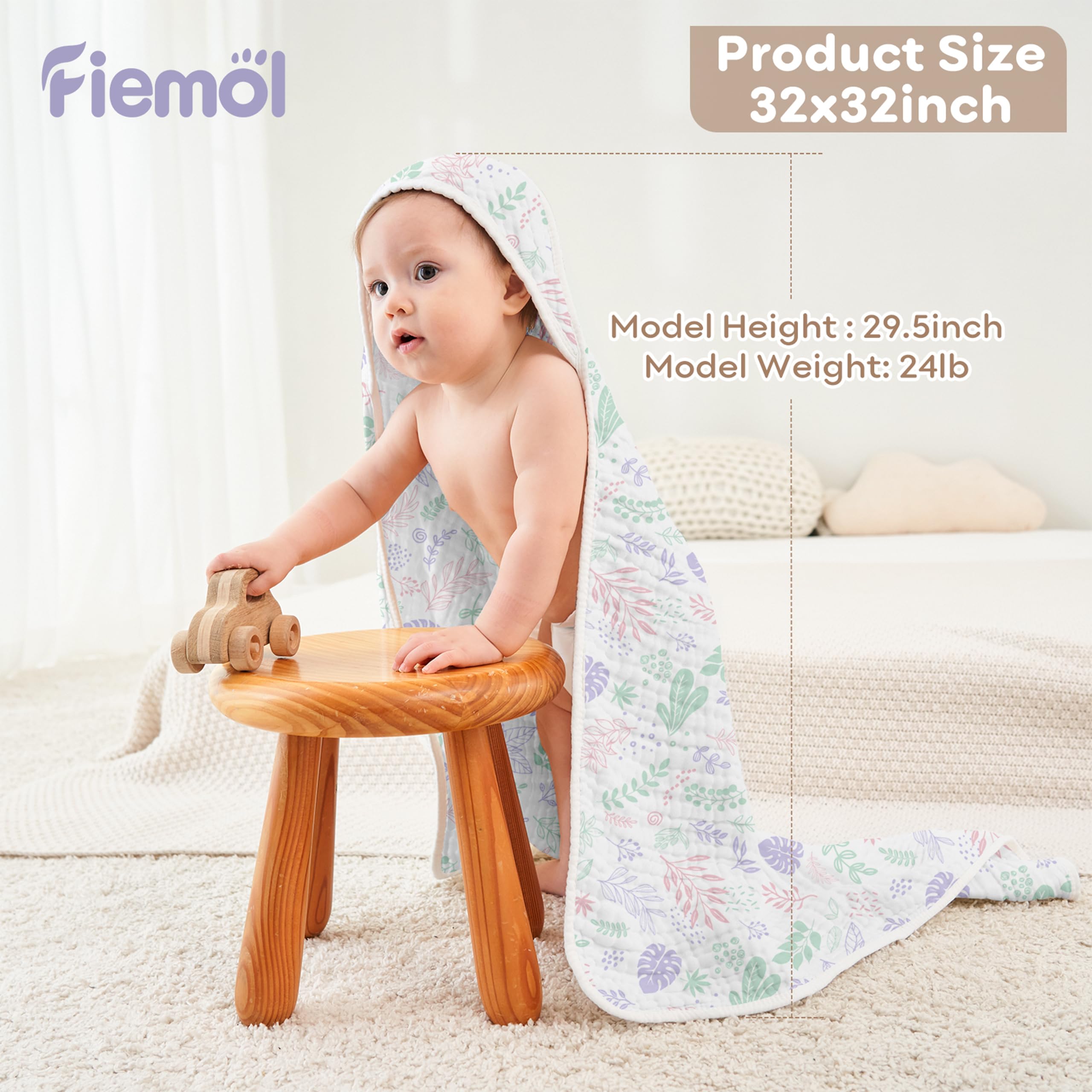 FIEMOL hooded towel absorbency demo shows quick-dry 6-layer muslin