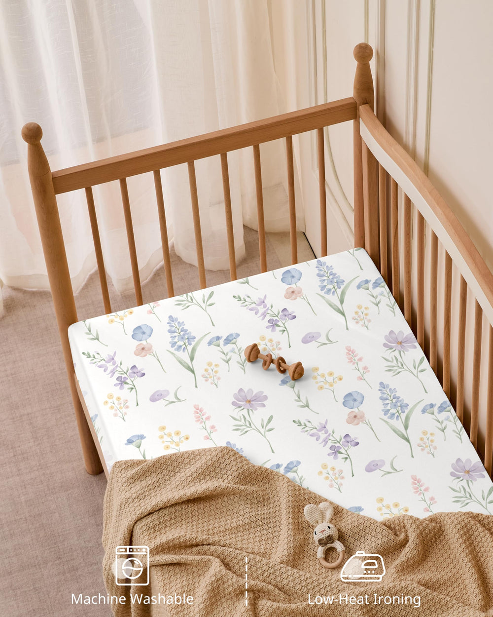 FIEMOL crib sheets blue purple flower care label and washing instructions