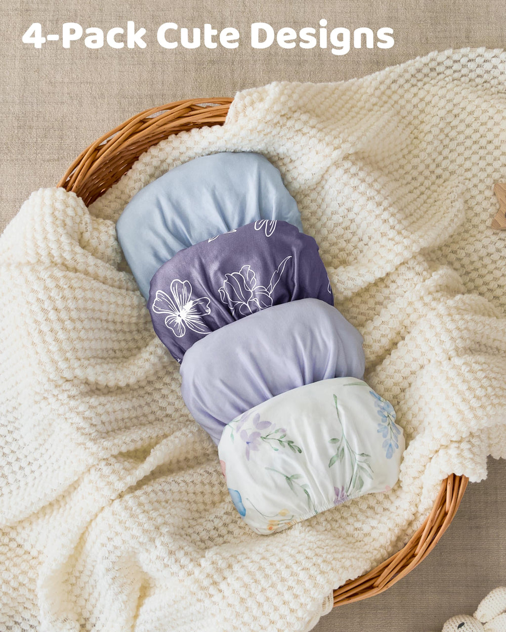FIEMOL crib sheets blue purple flower in nursery scene with coordinating decor