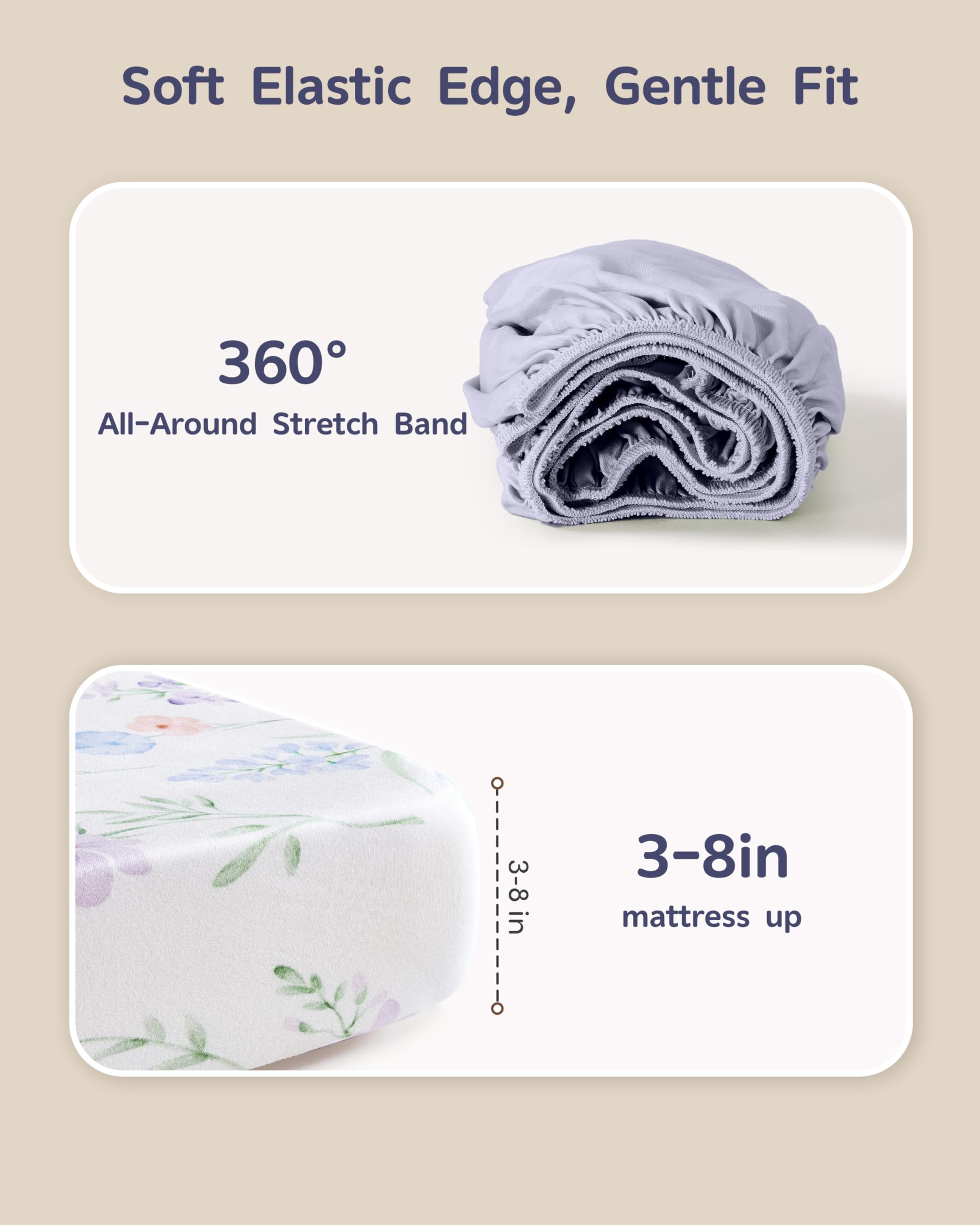 FIEMOL crib sheets blue purple flower close-up elastic edge detail