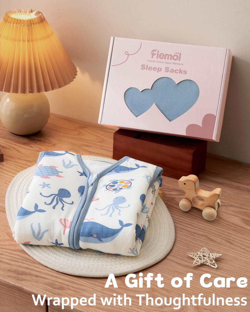FIEMOL blue whale sleep sack with 2-way zipper for easy changes