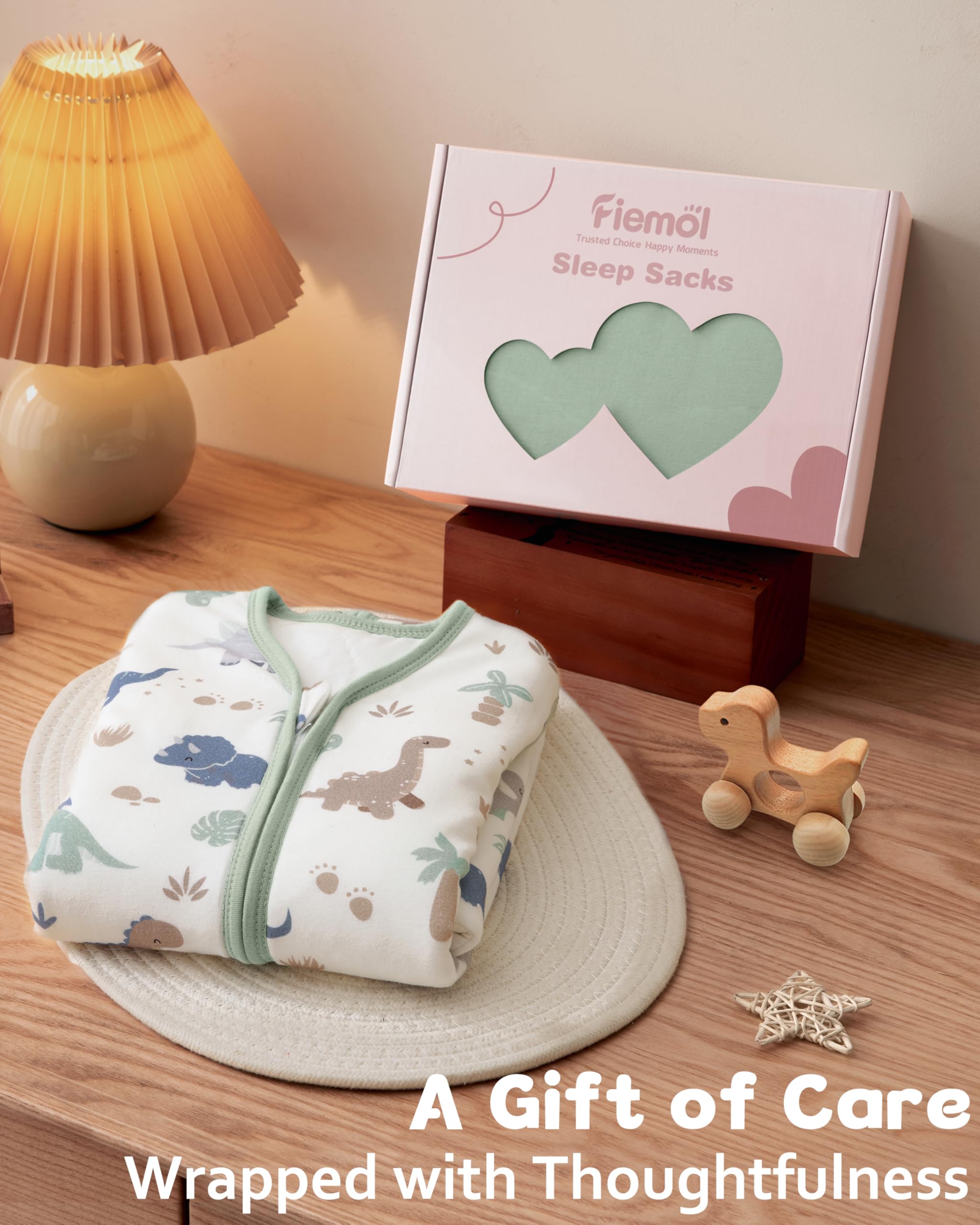 FIEMOL bamboo sleep sack green dinosaur back view highlighting comfortable fit
