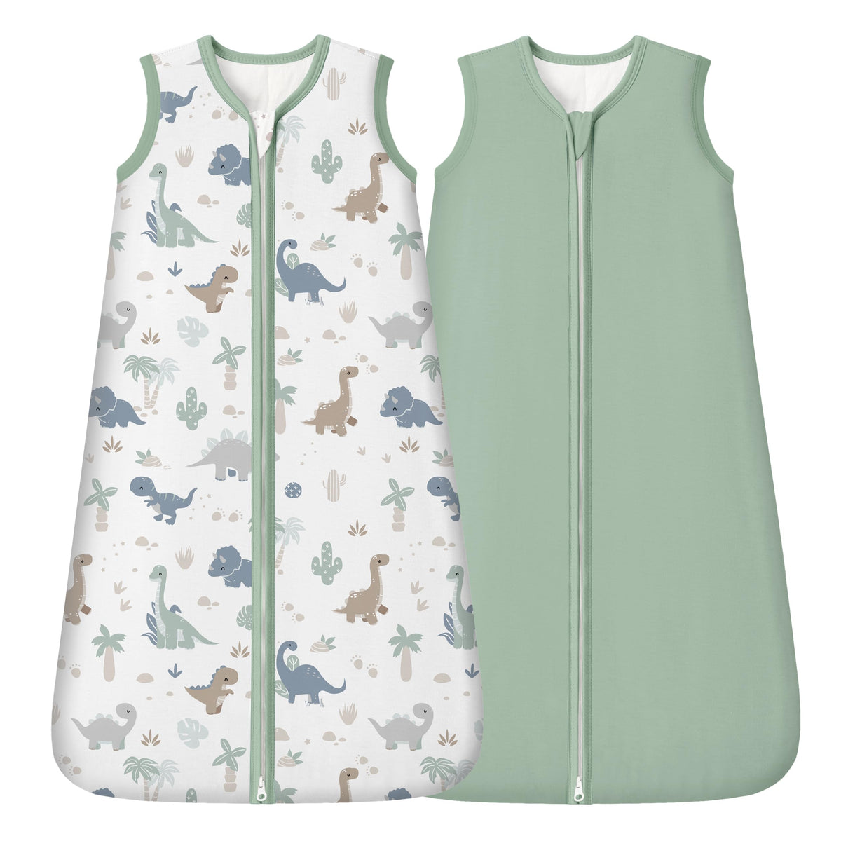 FIEMOL bamboo sleep sack green dinosaur front view showing cozy wearable warmth for infants