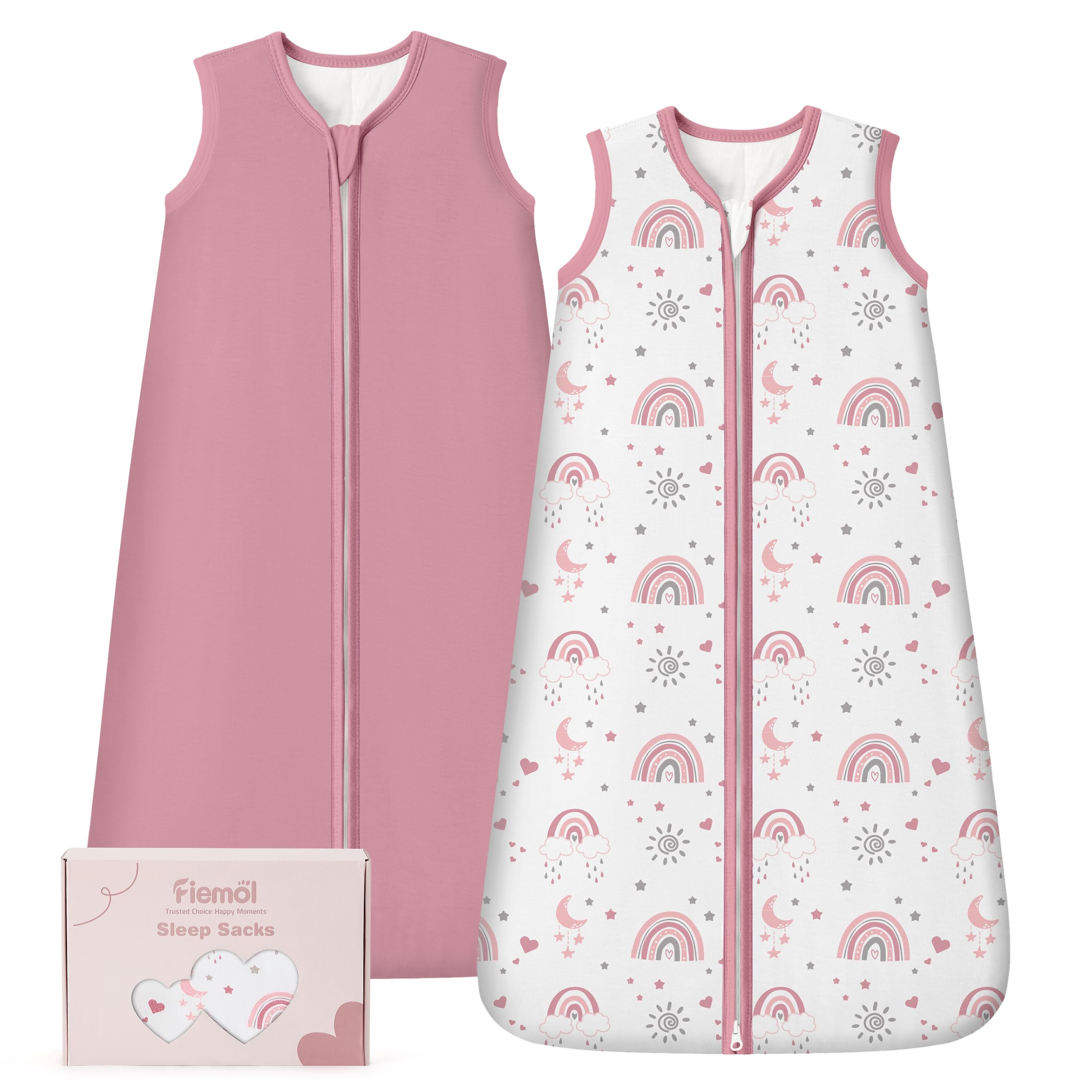 FIEMOL bamboo sleep sack in pink rainbow with 2-way zipper for easy diaper changes