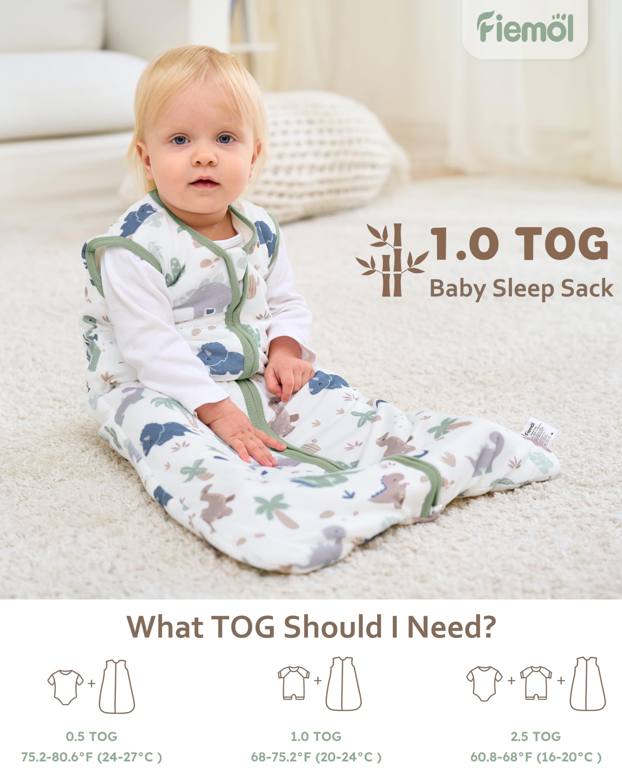 FIEMOL size chart for bamboo sleep sack showing fit ranges from 0-24 months