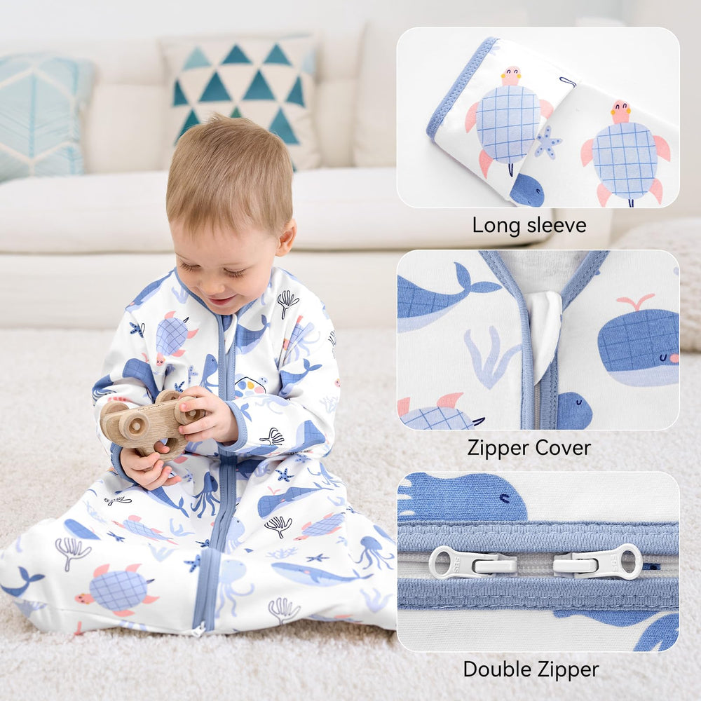 FIEMOL sleep sack with 2-way zipper simplifies diaper changes during the night.