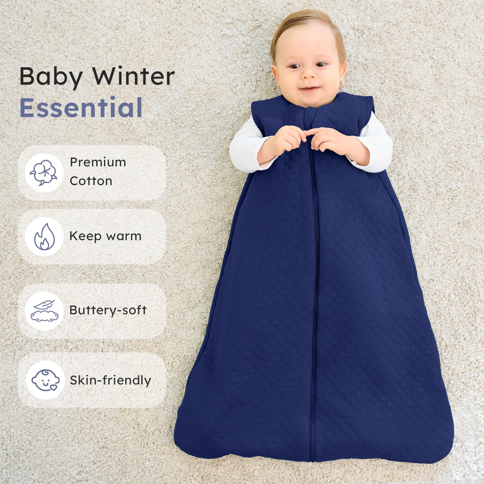 FIEMOL sleep sack size range blue accommodates growth and movement.