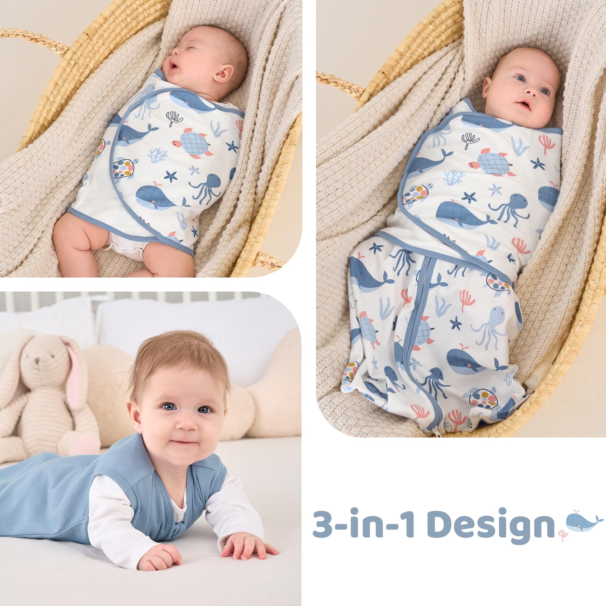 FIEMOL soft hook-loop swaddle blue whale: gentle closures protect skin and soothe baby