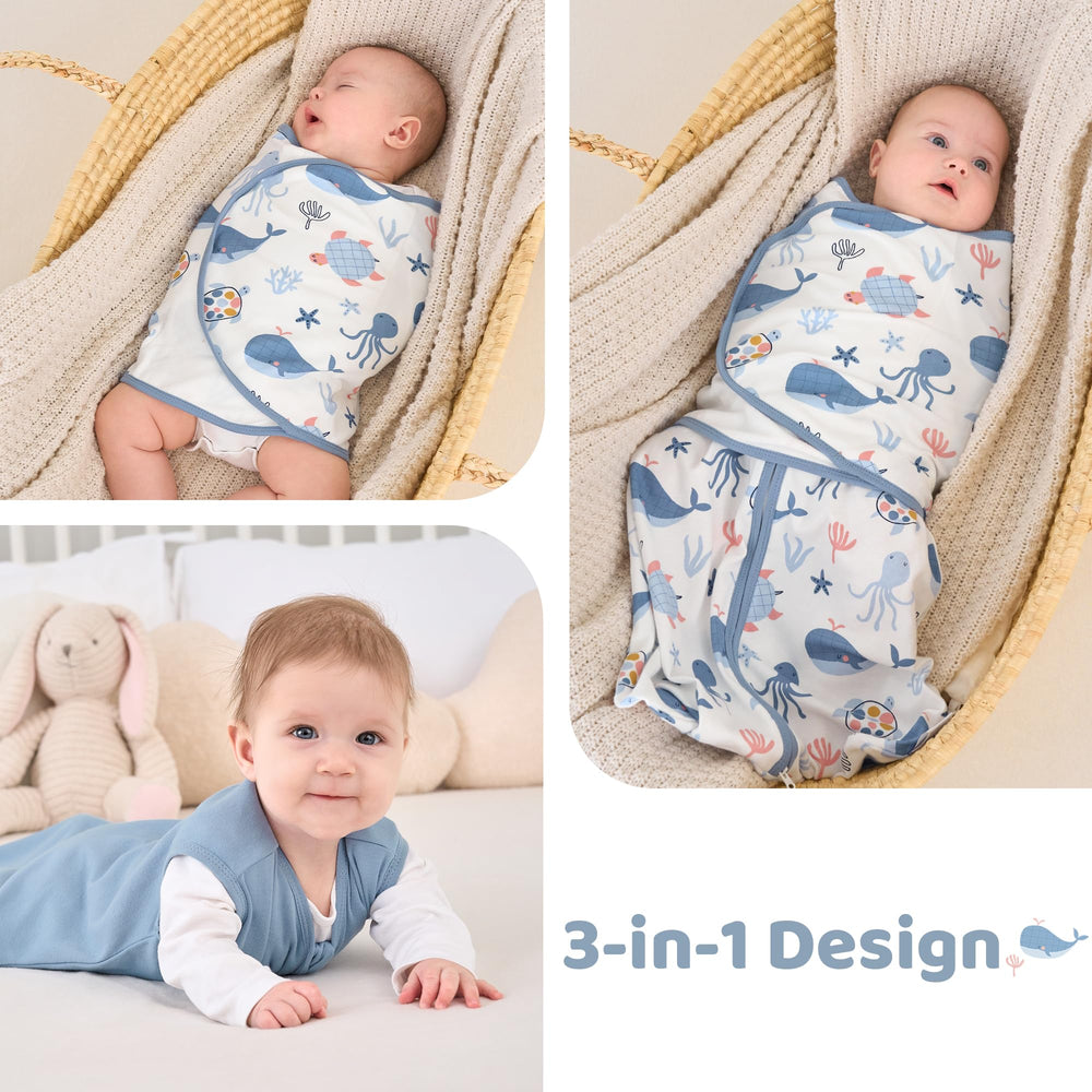 FIEMOL soft hook-loop swaddle blue whale: gentle closures protect skin and soothe baby