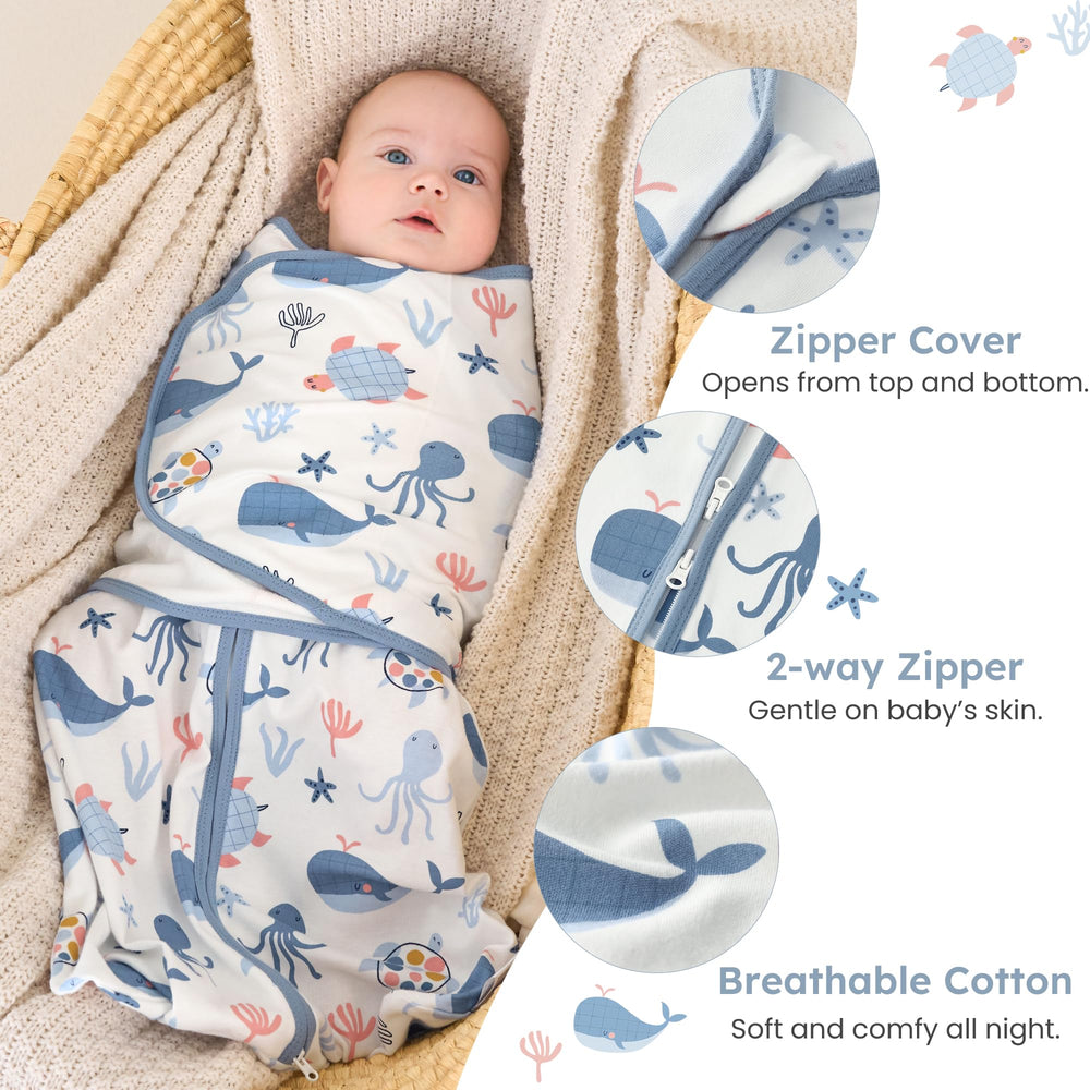 FIEMOL swaddle wings detachable blue whale: adaptable wrap for growing newborns