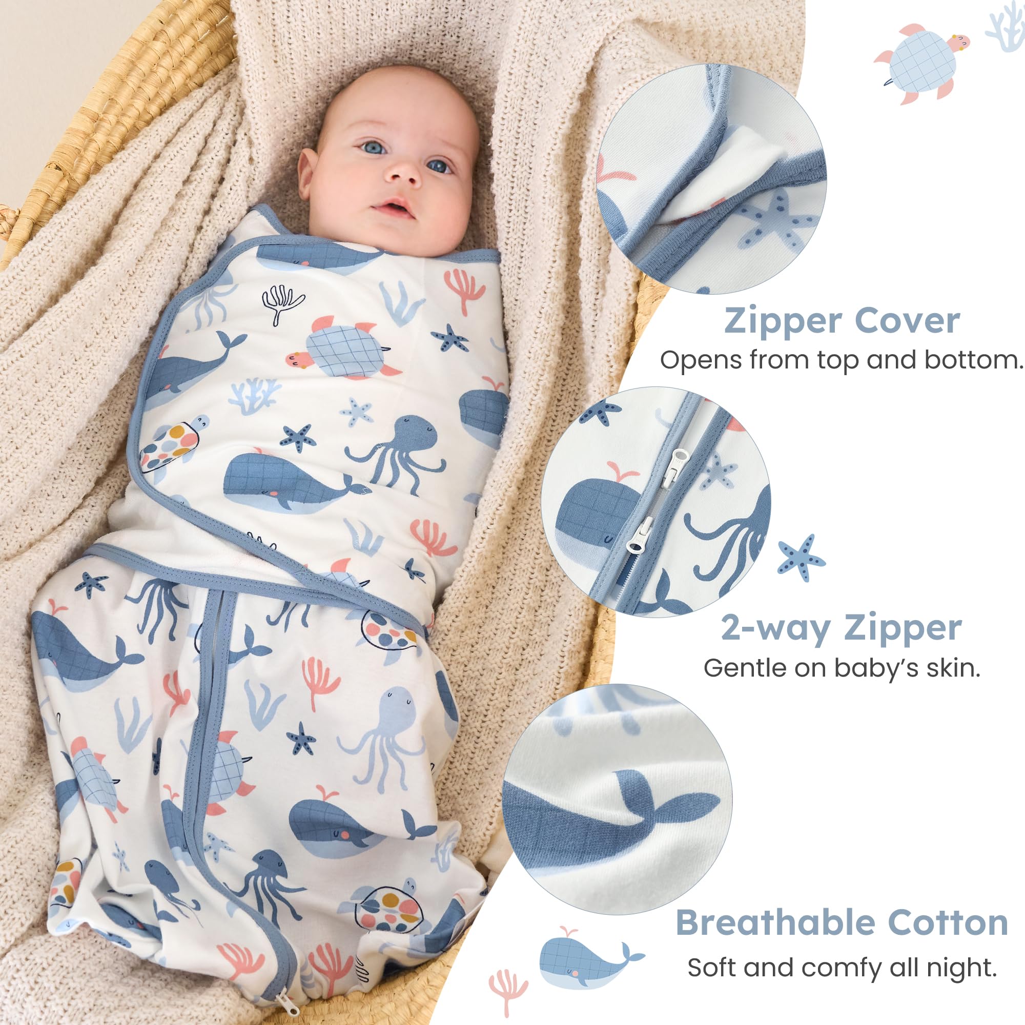 FIEMOL swaddle wings detachable blue aid seasonal use and growing baby