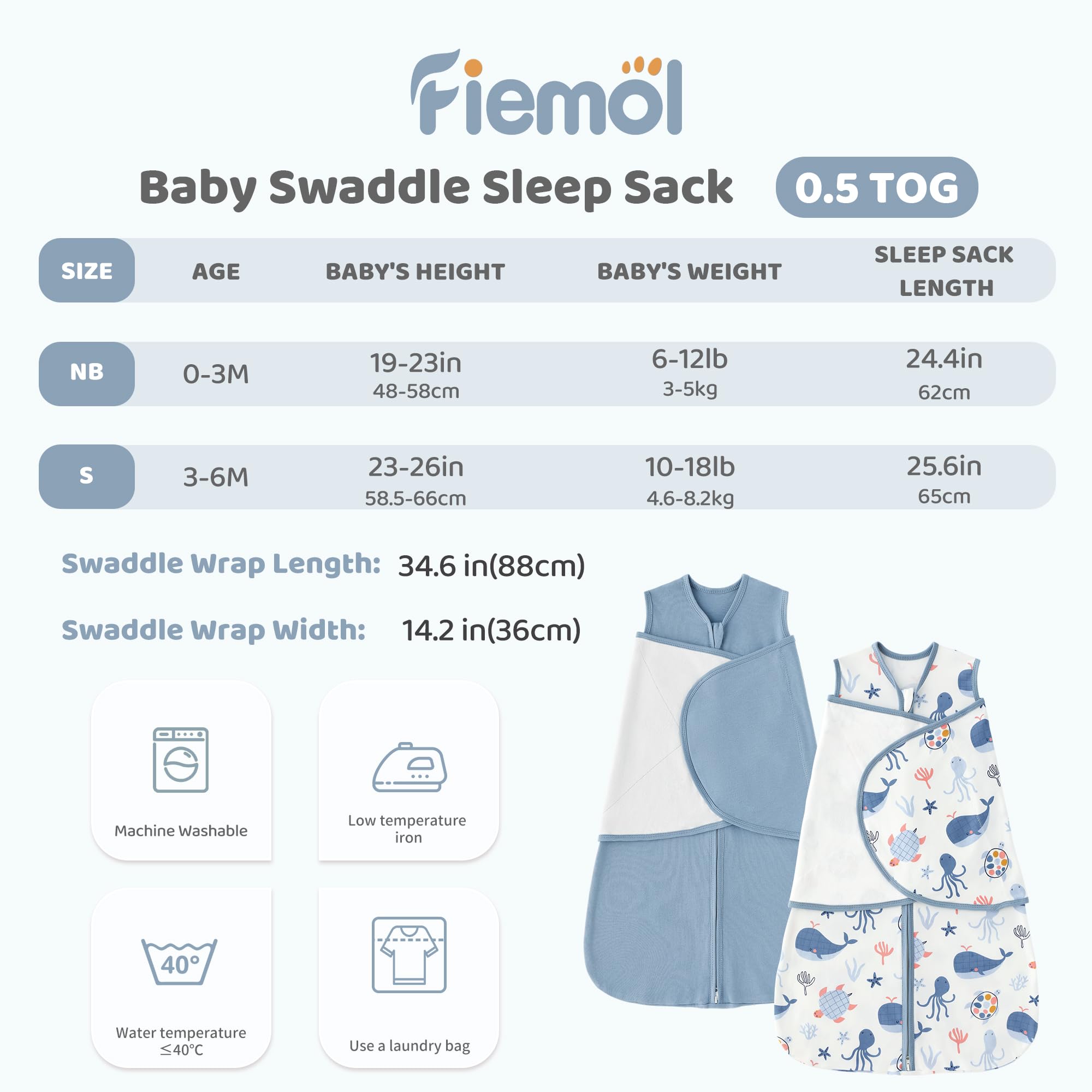 FIEMOL tog-adjustable swaddle blue whale: adapt warmth from warm days to cool nights