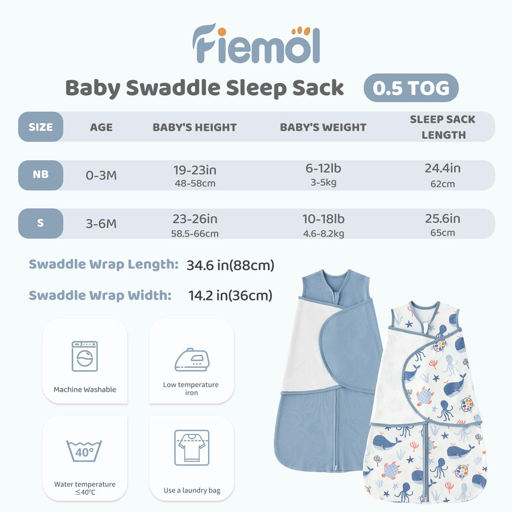 FIEMOL tog-adjustable swaddle blue whale: adapt warmth from warm days to cool nights