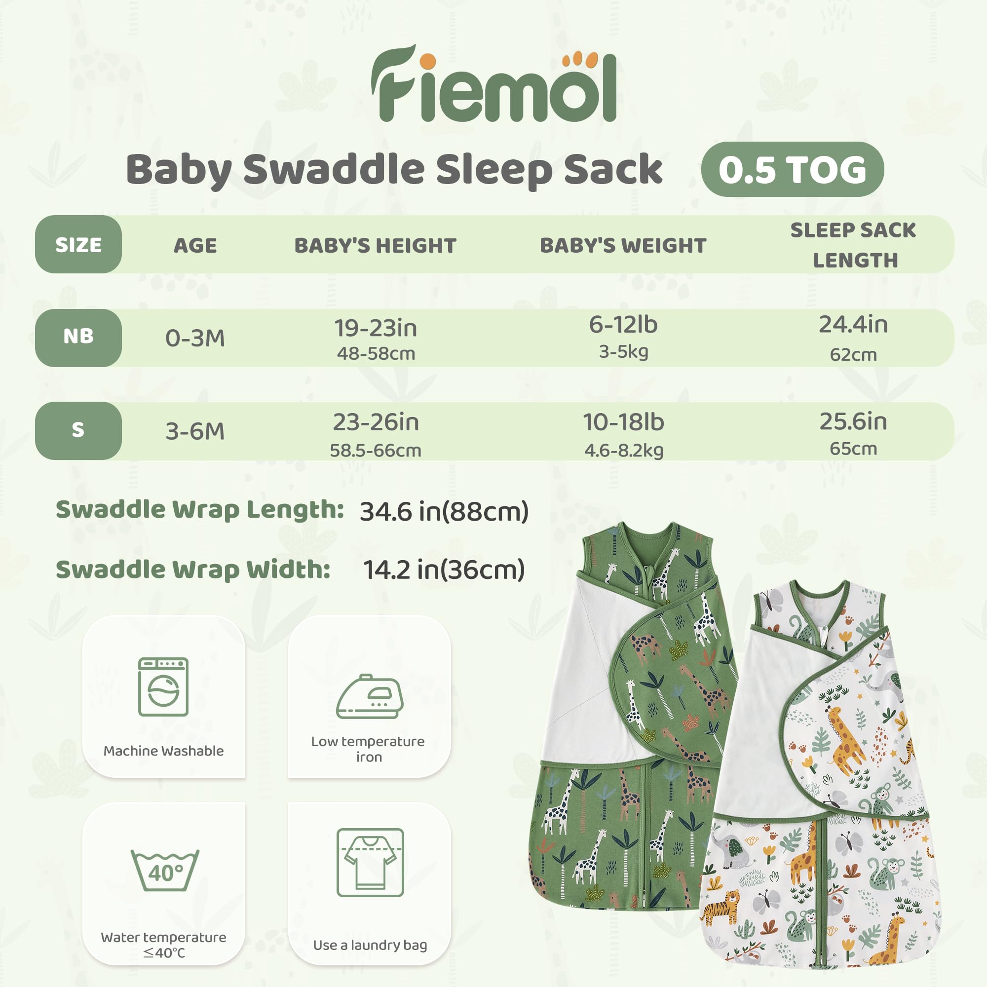 FIEMOL two-pack soft green giraffe swaddle for babies