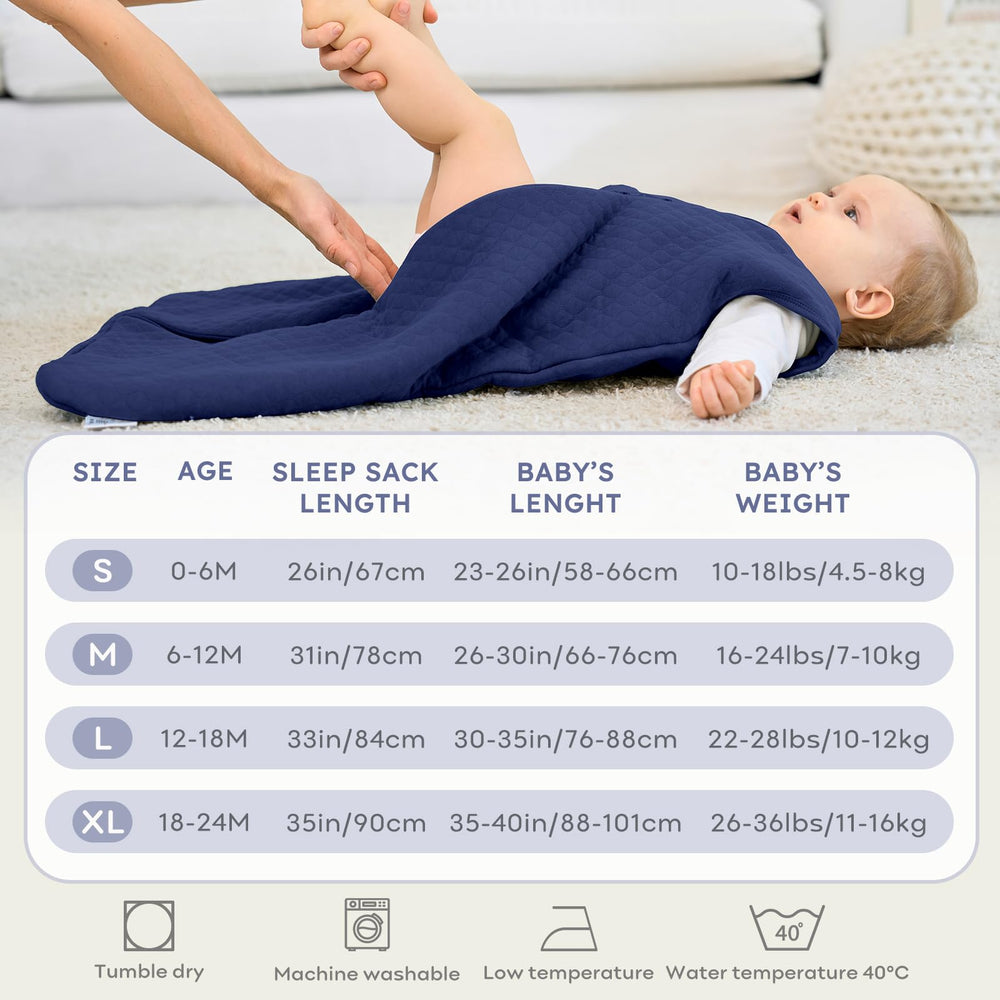 FIEMOL two-way zip blue sleep sack enables easy night diaper changes.