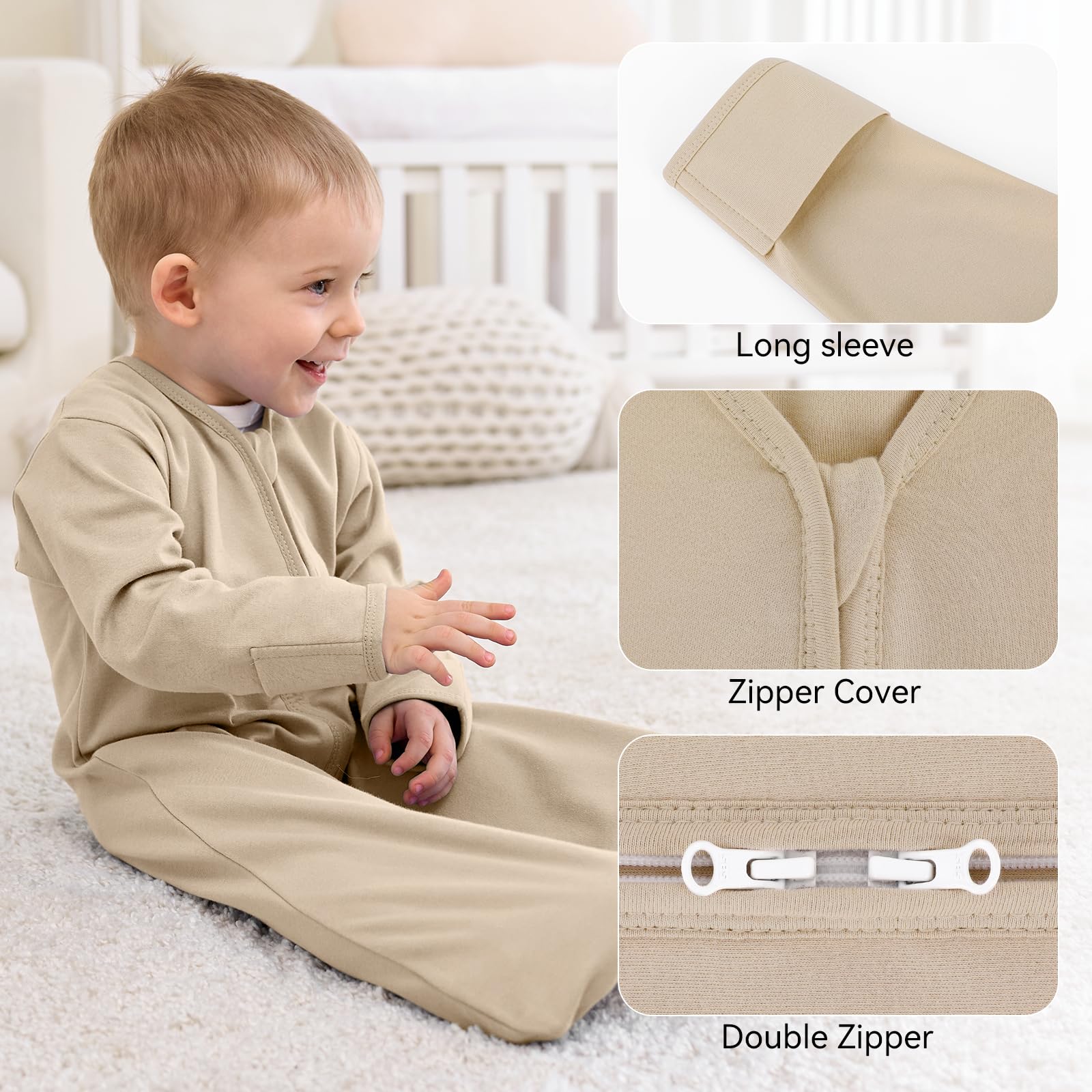 FIEMOL two-way zipper on sleep sack for easy night-time diaper changes.