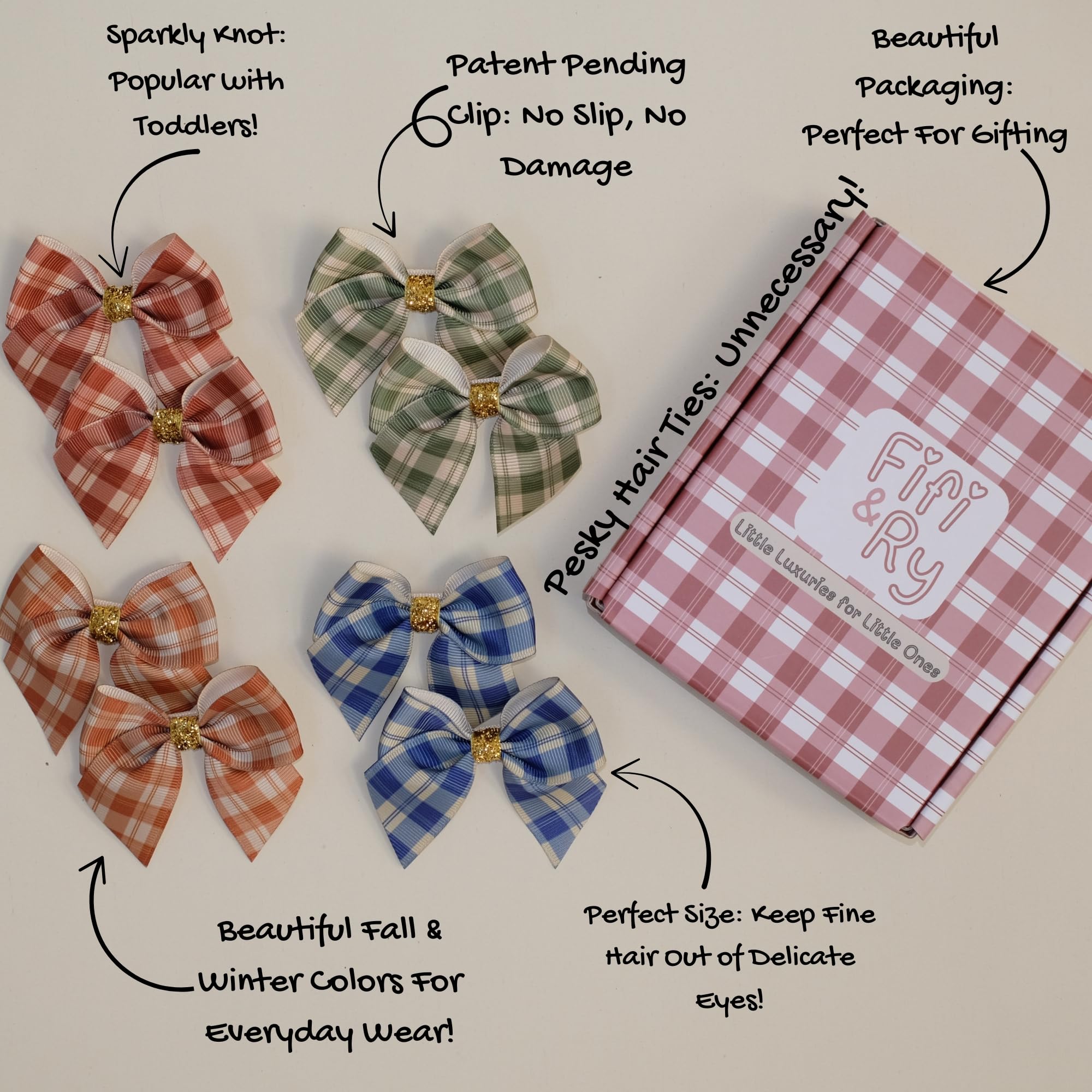 Fifi & Ry patent-pending double-lined bows highlight secure, gentle hold for tiny tresses.