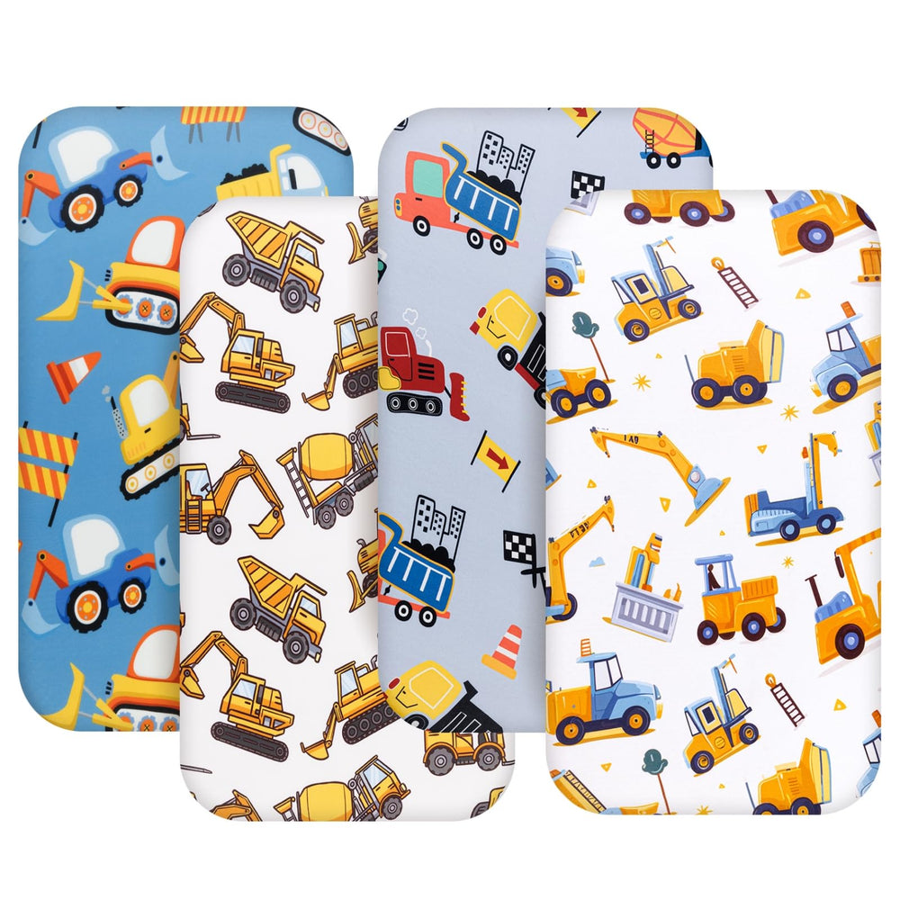 FIGEPO 4-pack bassinet sheets with construction trucks offer soft, breathable comfort for baby.