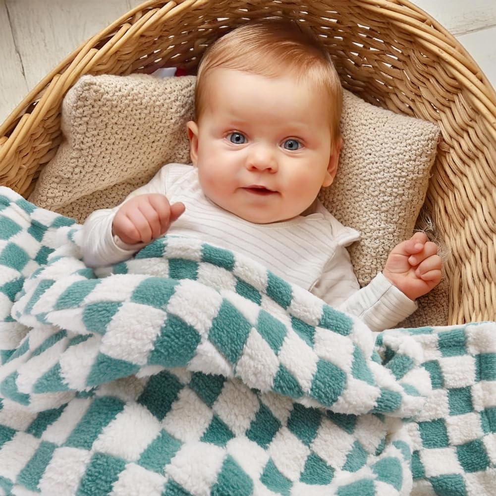 FIGEPO Checkered Baby Blanket in green and white tones adds a soft nursery accent