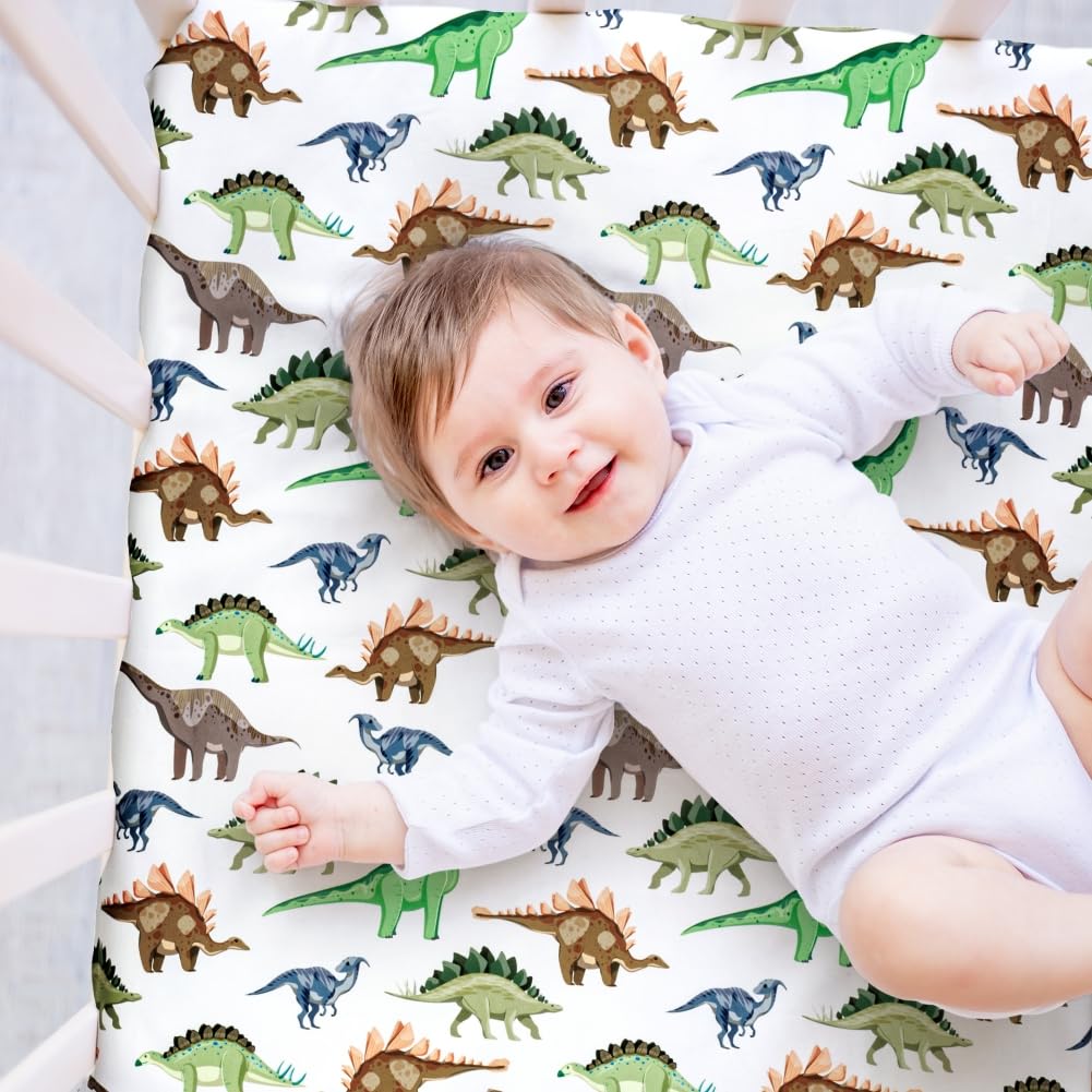 FIGEPO four-pack crib sheets with dinosaur design add fun to infant bedding