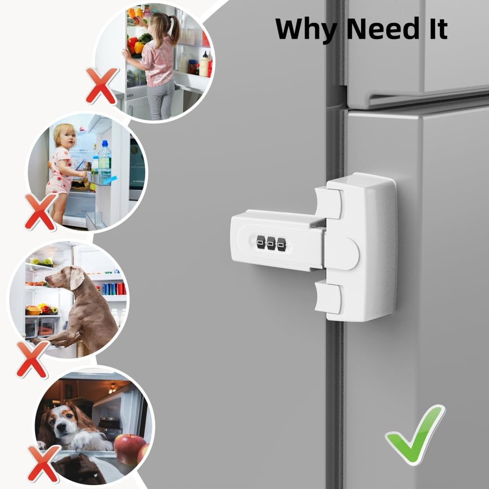 FIGEPO fridge lock adhesive mount shown on fridge surface for secure installation.