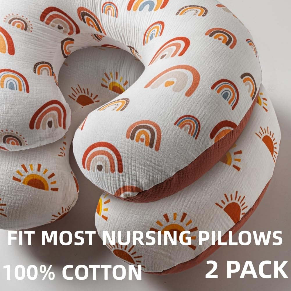 FIGEPO muslin nursing pillow cover featuring rainbow print, breathable comfort.