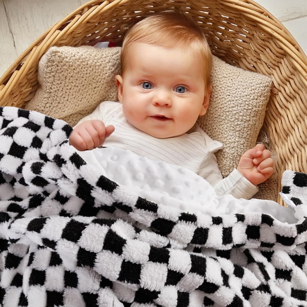 FIGEPO Soft Checkered Baby Blanket back dotted design emphasizes breathable micro fleece softness.