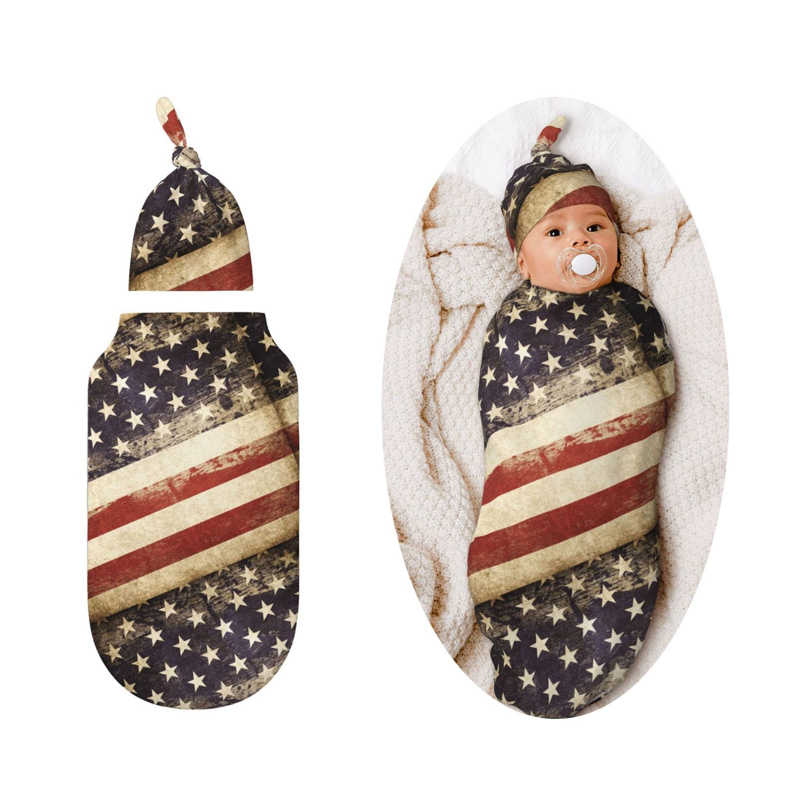Figtihw American flag swaddle blanket highlights patriotic design for newborn comfort.