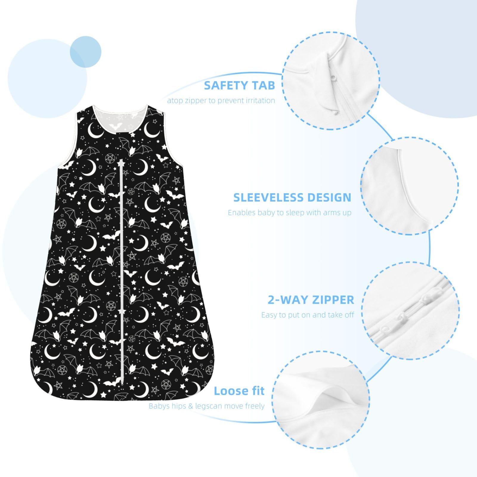 Figtihw Bat Baby Wear Blanket with two-way zipper for easier night changes.