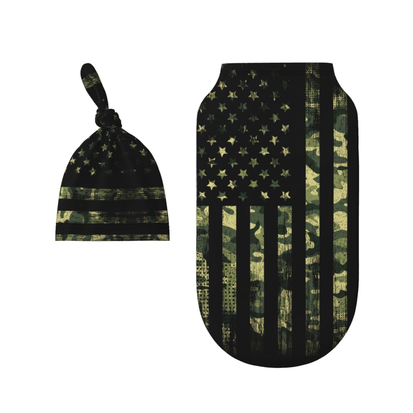 Figtihw camo flag swaddle blanket wrapped around baby for secure sleep