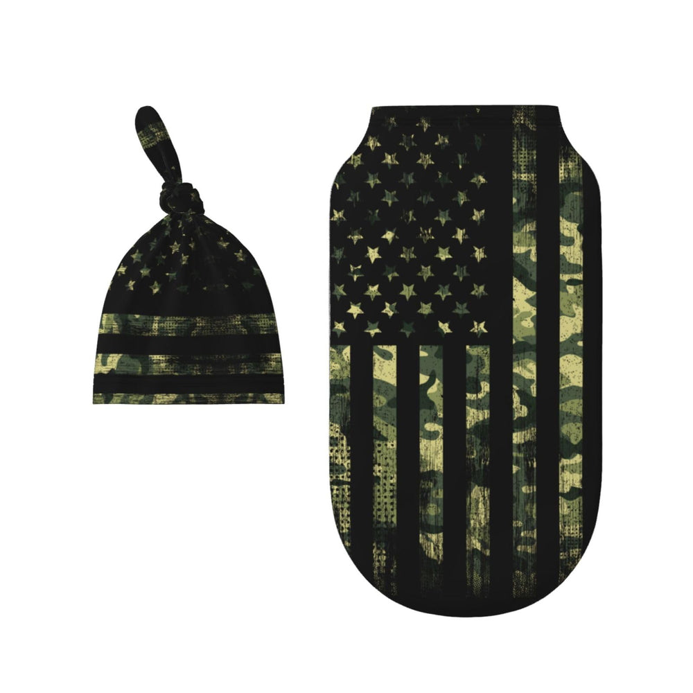 Figtihw camo flag swaddle blanket wrapped around baby for secure sleep