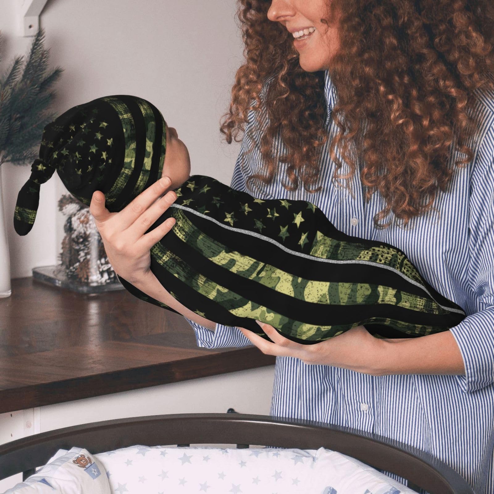 Figtihw camo flag swaddle blanket texture close-up, all-season softness