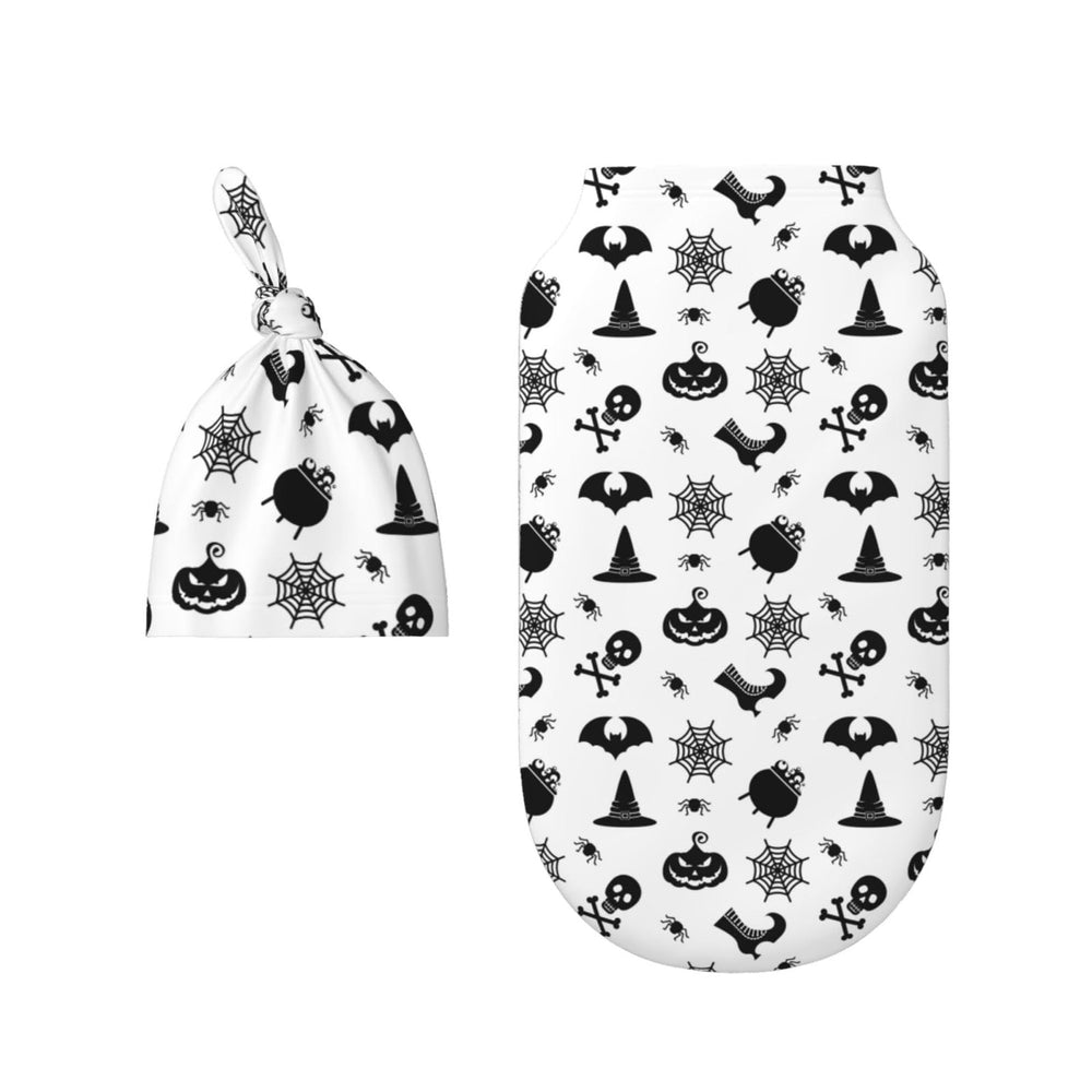 Figtihw Goth Swaddle Blanket flat lay with hat shows complete newborn bundle.