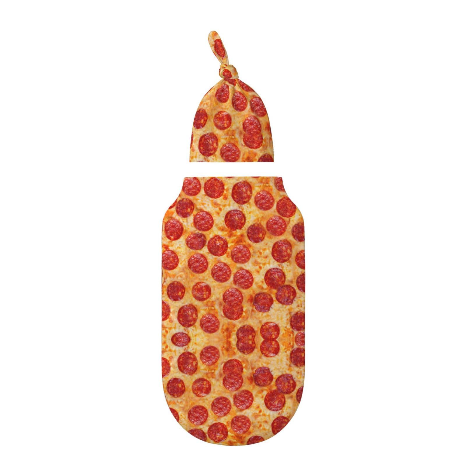 Figtihw pizza-themed swaddle blanket laid flat showing size and versatility for swaddling and photos