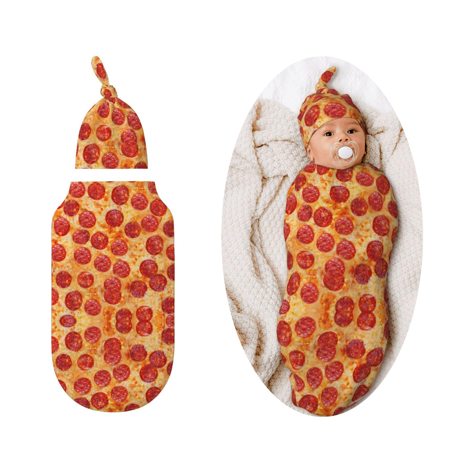 Figtihw pizza-themed swaddle blanket close-up fabric texture for calm newborn sleep