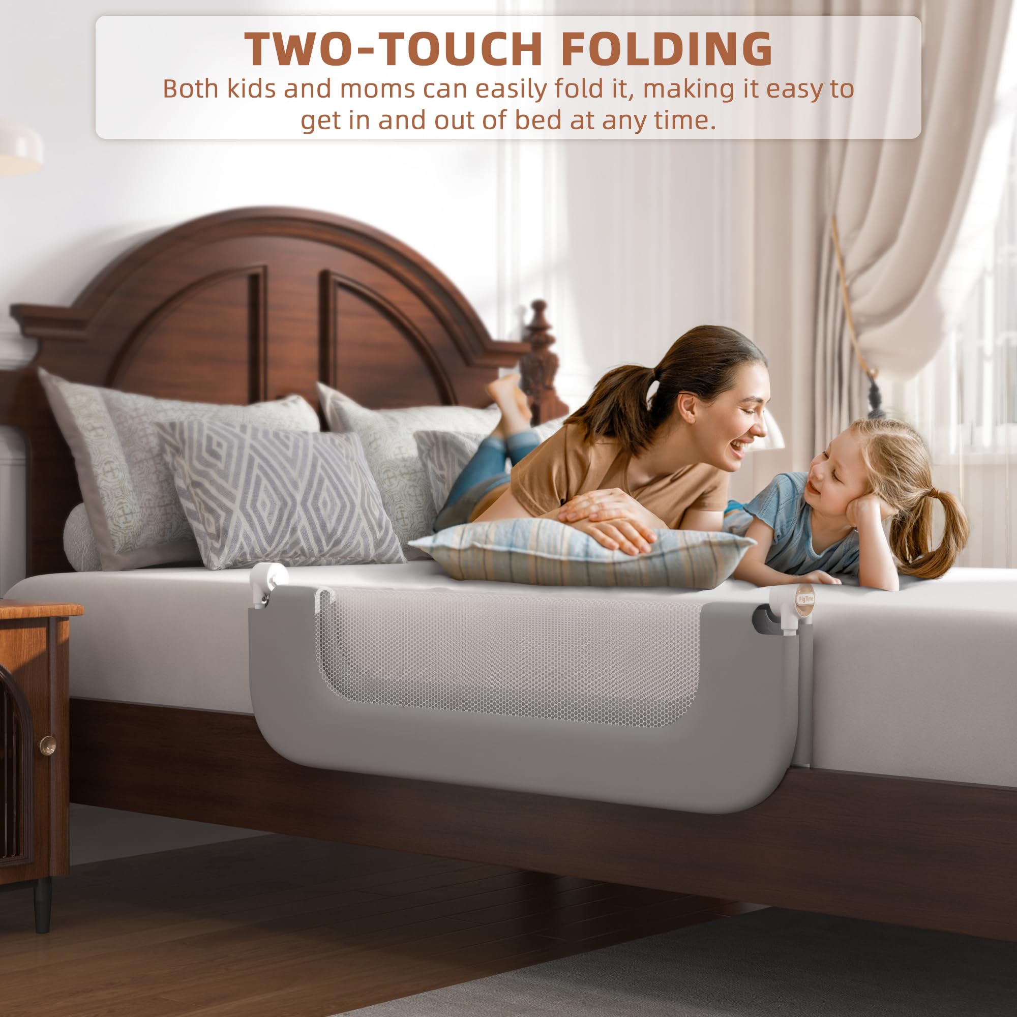 FigTime bed rail adjustable height adapts to mattress changes for a snug, gap-free fit.