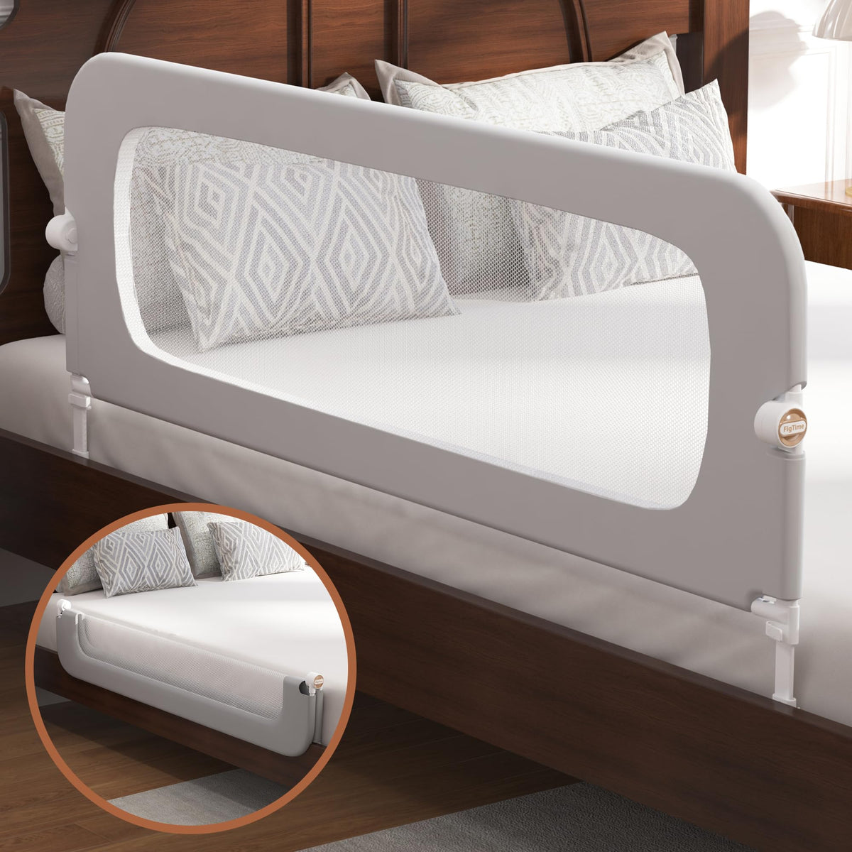 FigTime bed rail folding two-touch design eases nightly transitions.