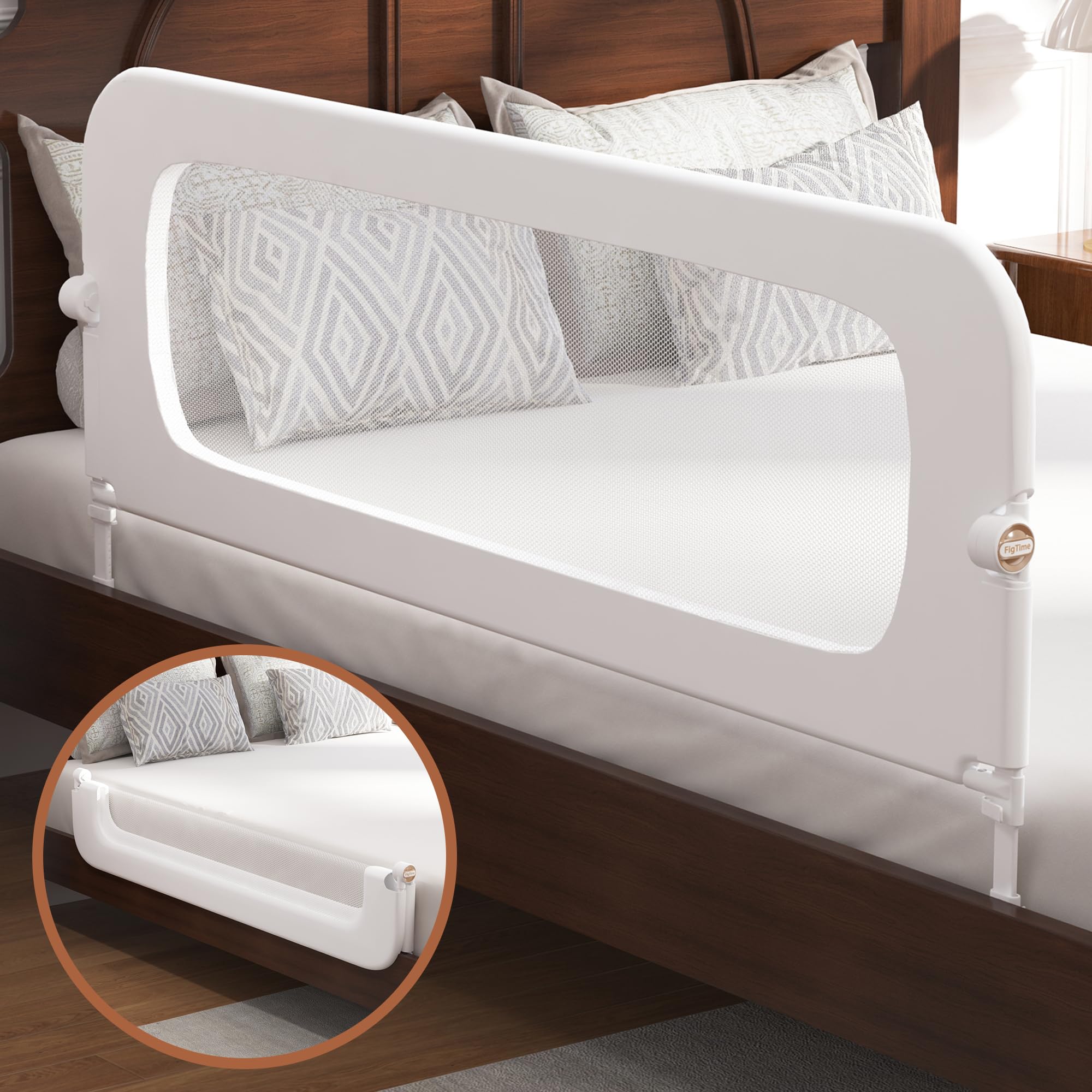 FigTime bed rail with two touch folding for quick, safe bedtime access.